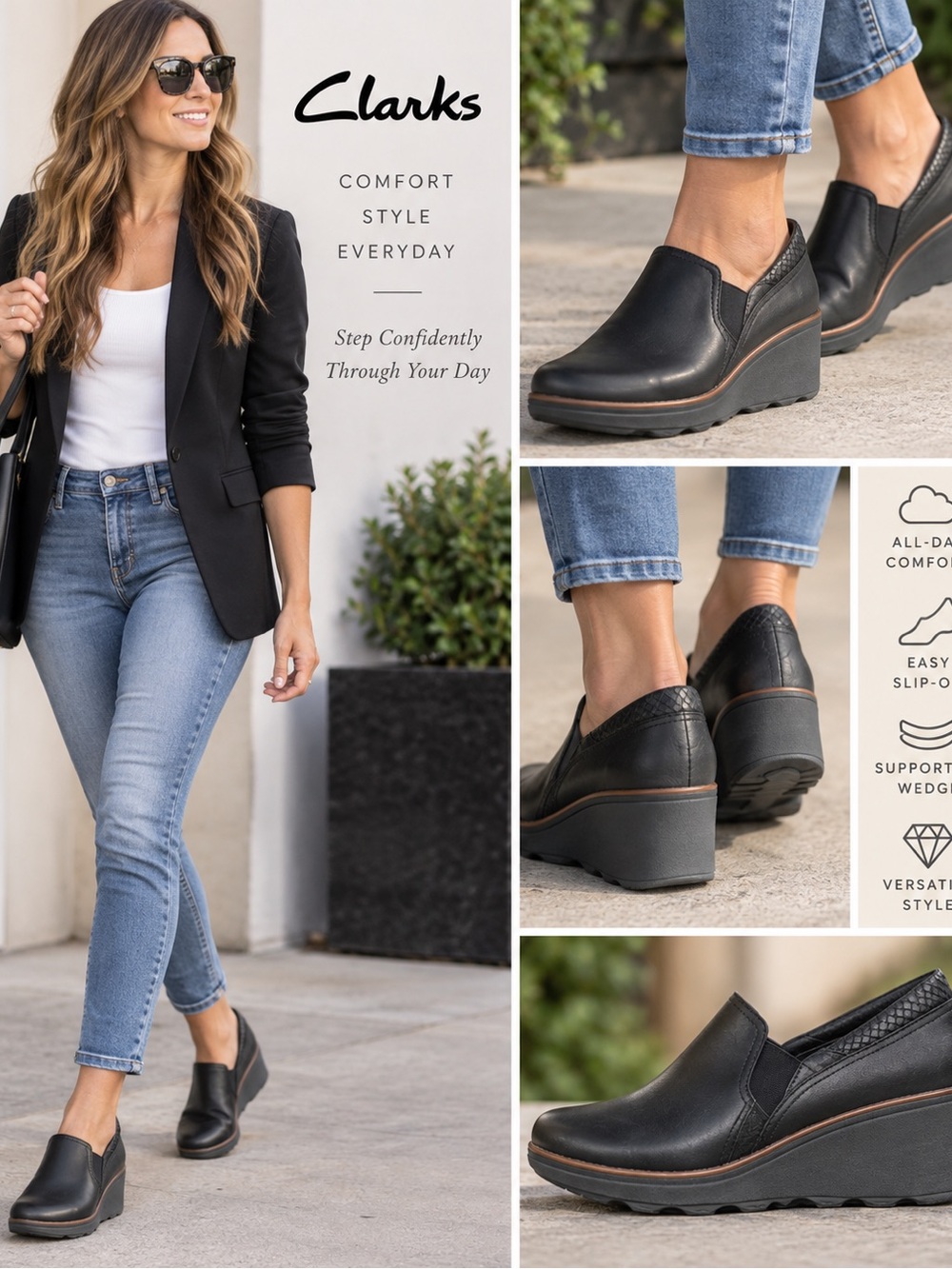 Clarks Women’s 7.5 Black Leather Slip On Wedge Shoes Comfort